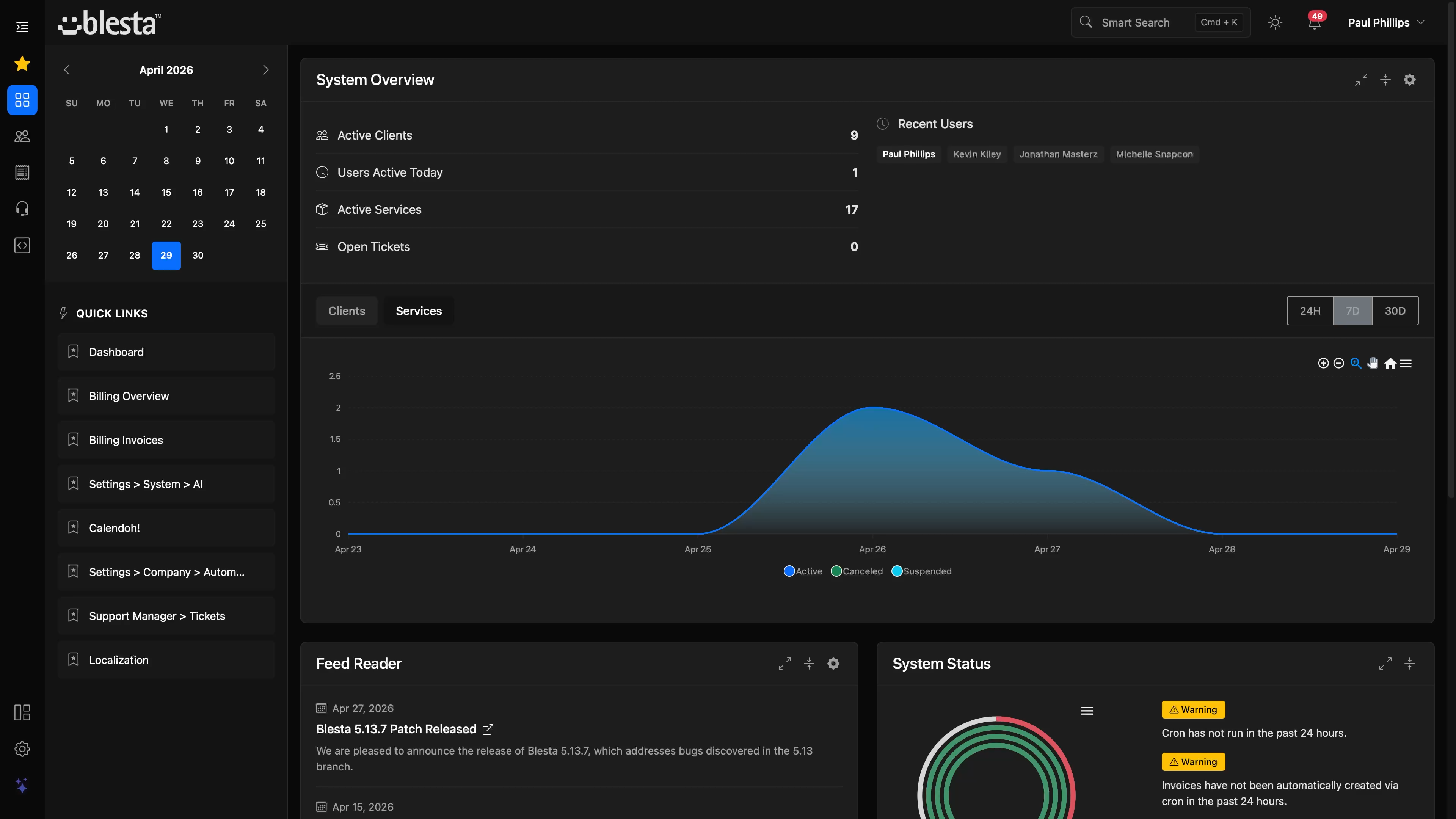 Blesta 6 Paradigm admin dashboard in dark mode