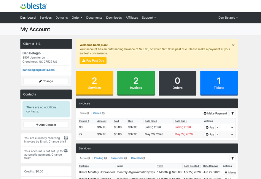 Blesta client area dashboard