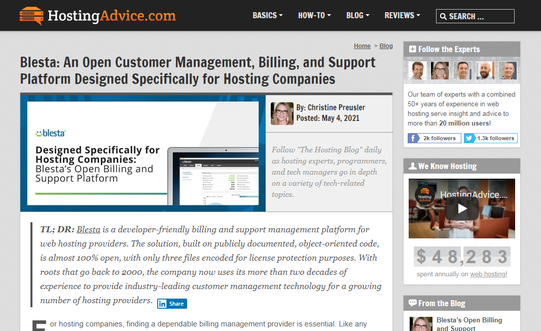 May, 2021 HostingAdvice.com article on Blesta. Click to read the article.