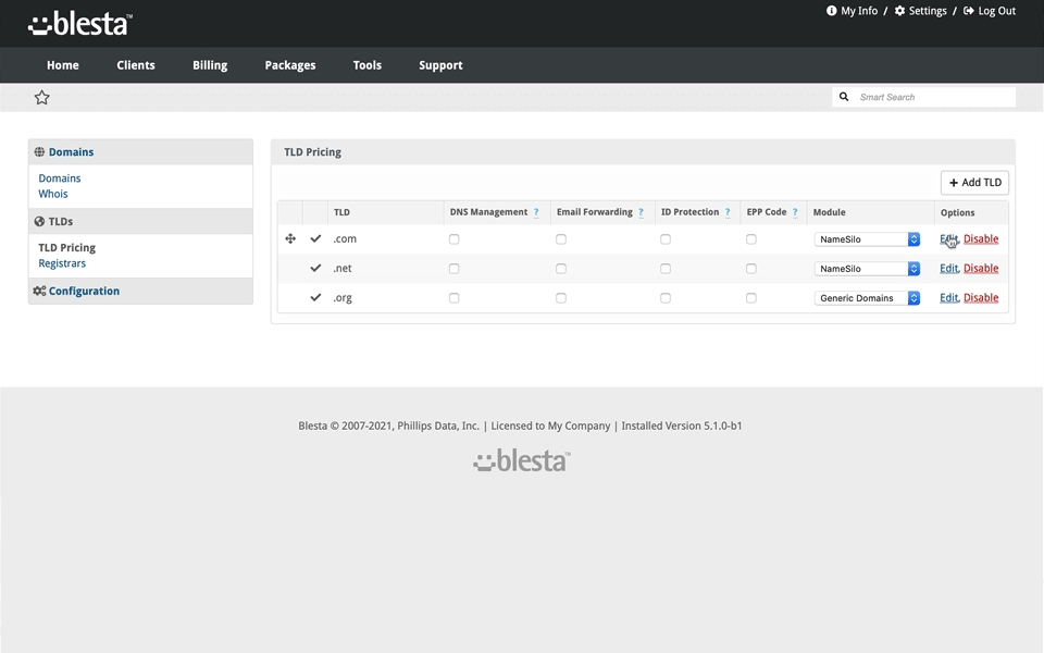 The new Domain Manager makes selling domain names easier than ever! Visit Packages > Domains. If upgrading Blesta, install the Domain Manager under Settings > Plugins.