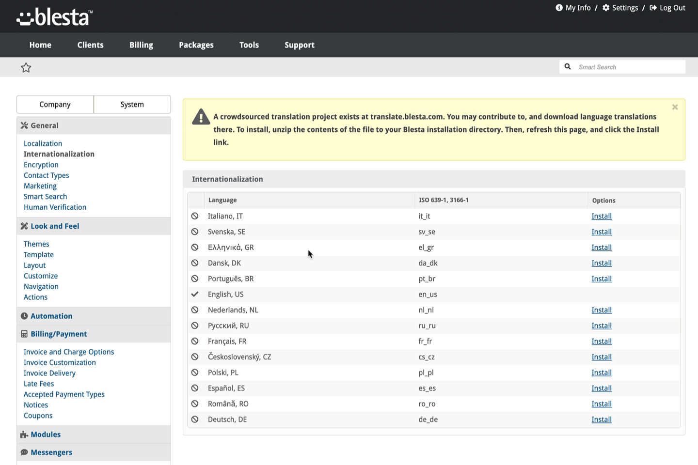 Blesta now ships with 16 additional complete, machine translated languages.